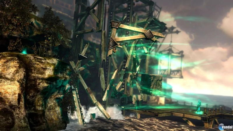 Scenic coastal area from the video game God of War, featuring a large wooden waterwheel structure with glowing green energy under a cloudy sky.