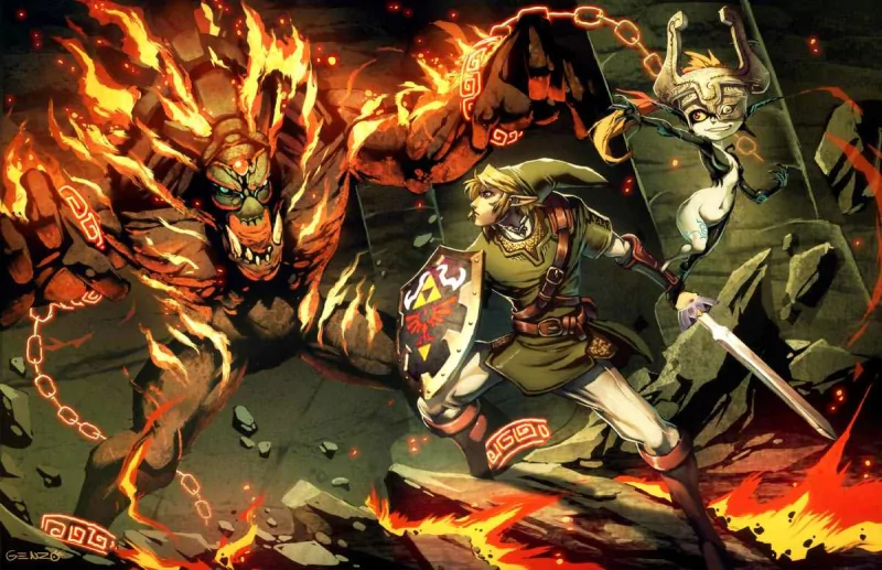 Artwork from the video game The Legend of Zelda: Twilight Princess shows Link battling a fiery chained beast while a wolf and a mysterious character watch nearby.