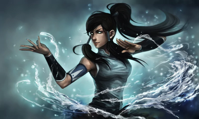 Anime-style illustration of Korra from Avatar: The Legend of Korra, skillfully bending water with focused intensity and dynamic motion.