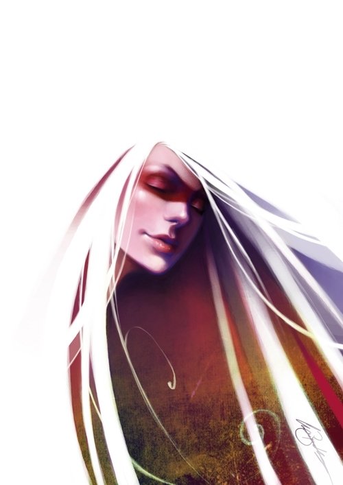 Artistic portrait of a woman with flowing white hair, closed eyes and a serene, painterly glow.