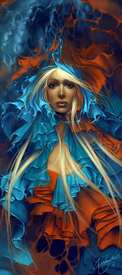 Artistic portrait of a woman with long blonde hair wrapped in flowing blue and orange ruffles, surreal painterly strokes and a direct, haunting gaze.
