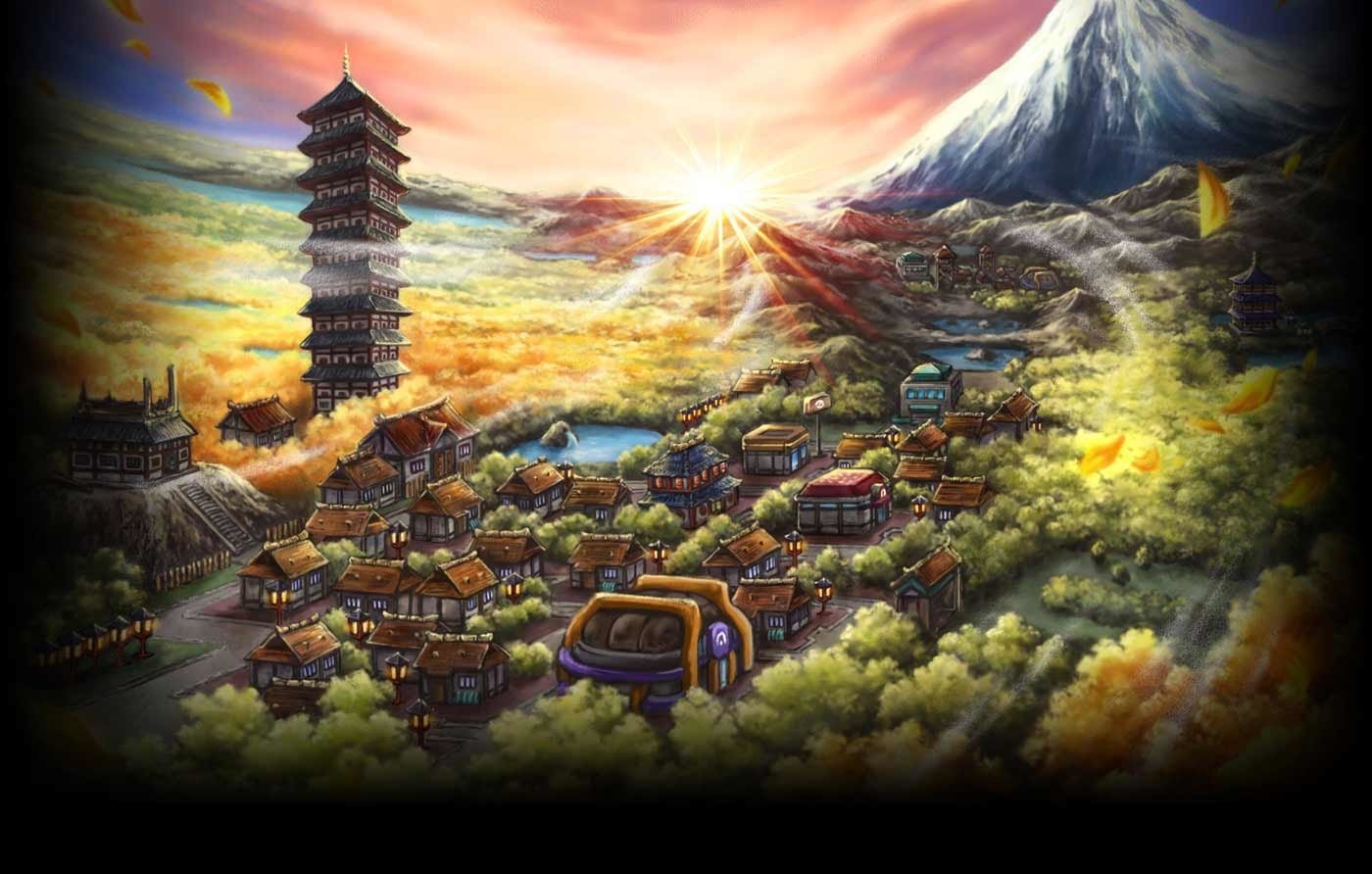 Scenic view of a traditional village beneath a mountain at sunset, illustrated in the style of the Pokémon: Gold and Silver video game.