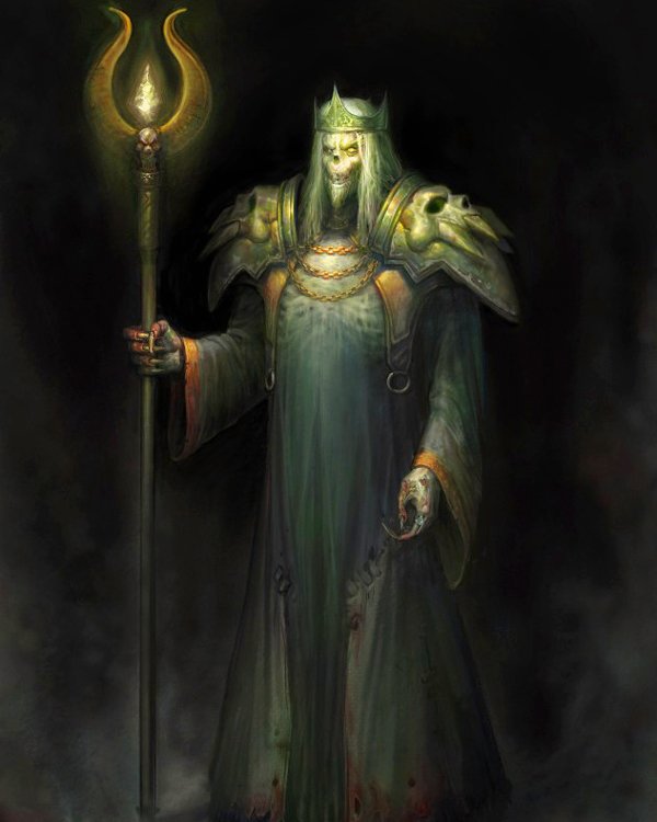 A fantasy necromancer clad in dark robes and armor, wearing a crown and holding a glowing staff, stands amidst shadows with a skeletal face.