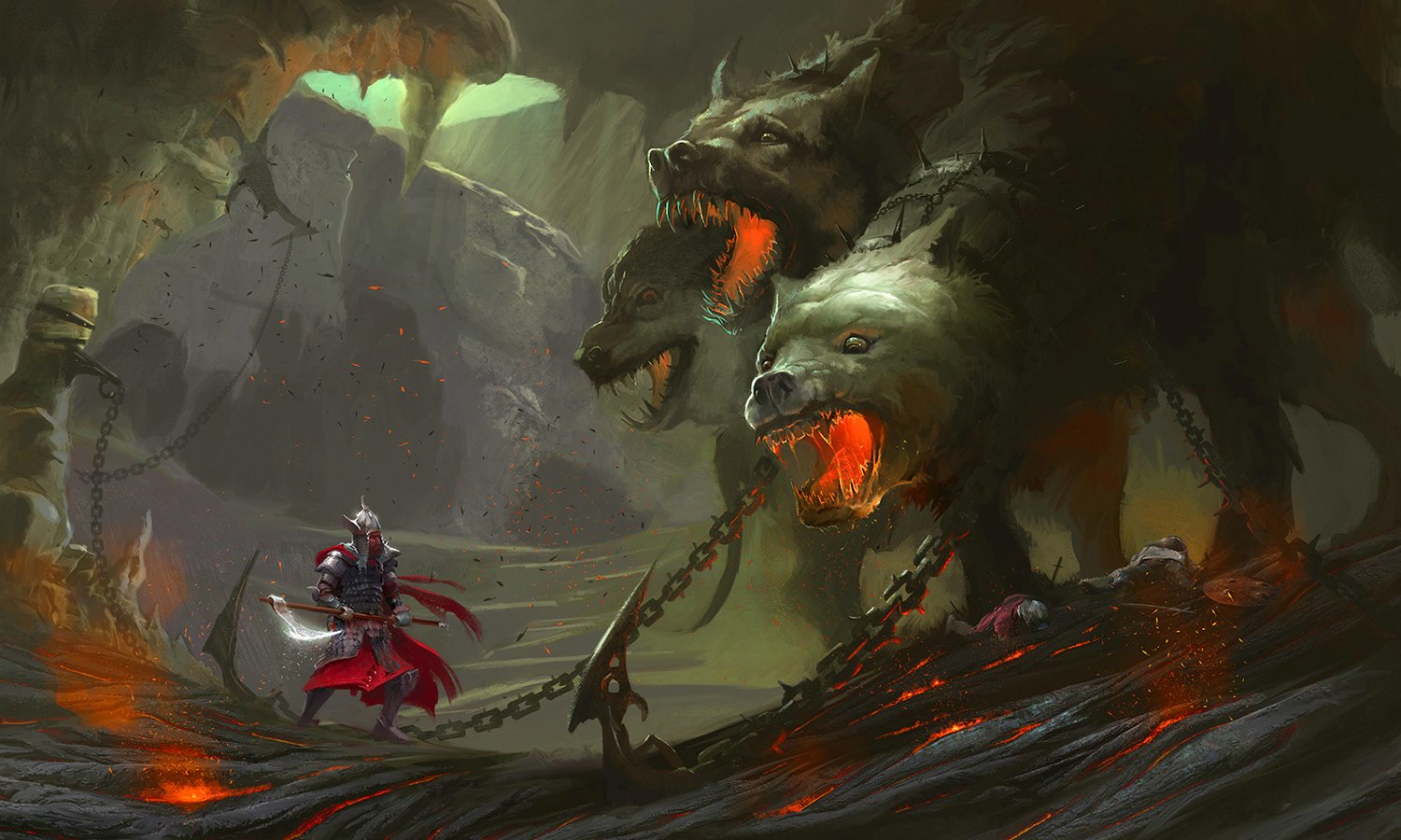 A fantasy scene showing a warrior confronting a massive, three-headed Cerberus with glowing red mouths in a dark, cavernous environment.