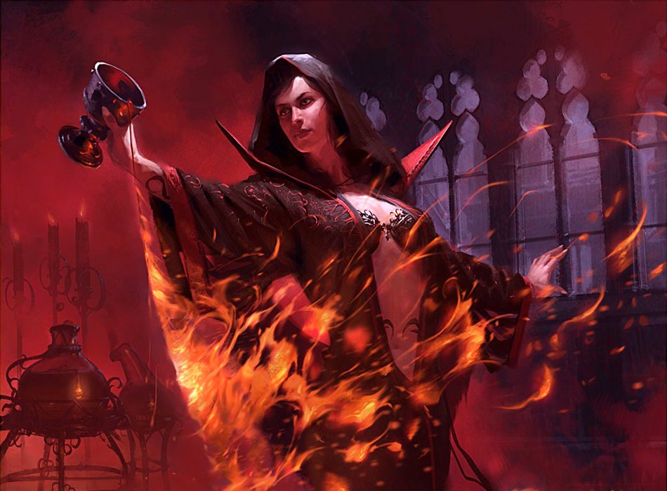 A powerful witch stands amidst swirling flames, holding a chalice, draped in dark robes. The backdrop features gothic architecture, enhancing the fantasy atmosphere.
