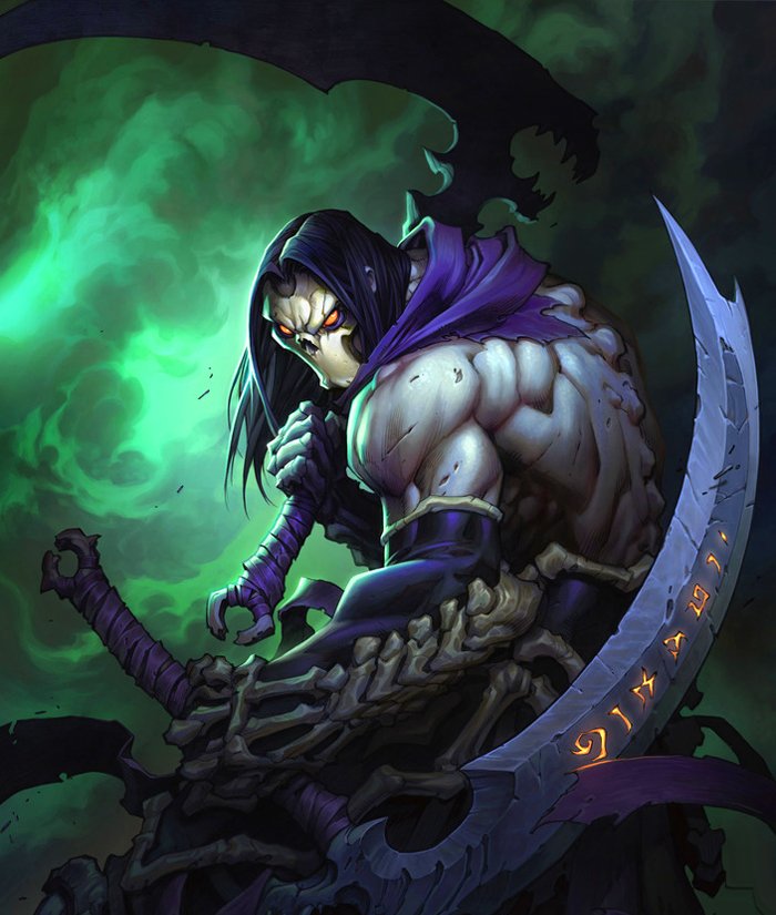 A dark, brooding character from the video game Darksiders II stands poised with a menacing scythe, surrounded by ominous green mist and shadowy figures.