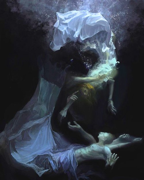 A surreal underwater scene depicting a woman in flowing white reaching toward a man, both enveloped in shimmering water, creating a captivating fantasy dreamscape.