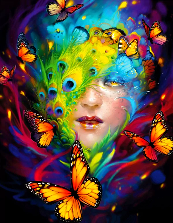 A vibrant artistic representation featuring a face blended with colorful peacock feathers and surrounded by fluttering butterflies, creating a captivating and dreamlike atmosphere.