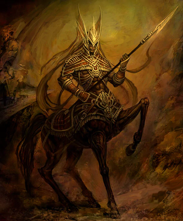 A fantasy centaur warrior clad in intricate armor raises a spear, exuding power and mystique in a fiery, battle-worn landscape.