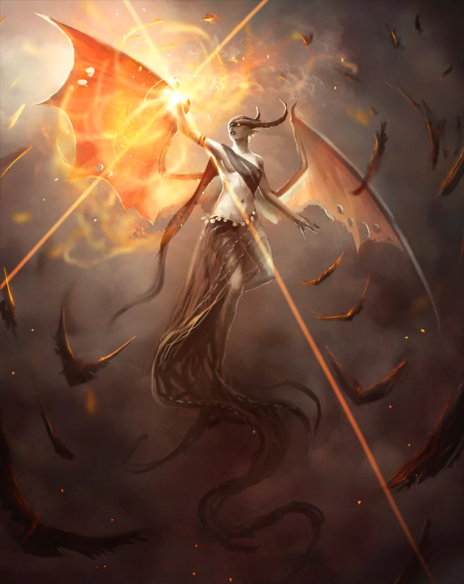 A powerful demon with flowing hair and majestic wings emerges from swirling darkness, radiating fiery light and surrounded by ethereal energy and shadowy forms in a captivating fantasy scene.