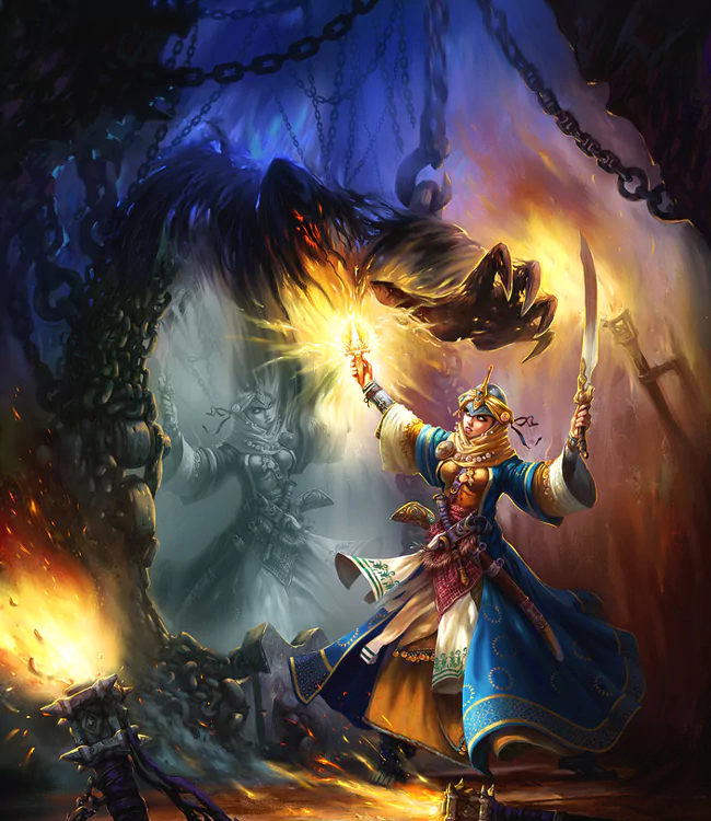 A fierce woman warrior wields magic and a blade, surrounded by mystical flames and shadows in a dark, fantastical setting. Her determination stands against a lurking threat.