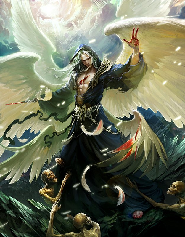 A majestic angel stands imposingly amidst a dark landscape, with large white wings and a powerful presence, surrounded by skeletal figures reaching out toward him.