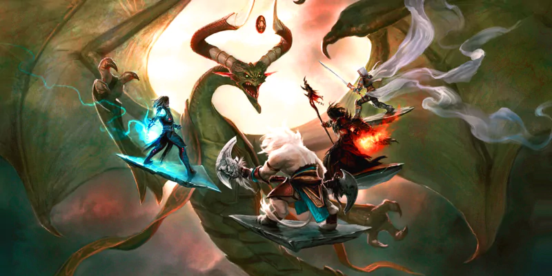 A man-made fantasy scene from Magic: The Gathering depicting three spellcasters confronting a massive dragon in mid-air.