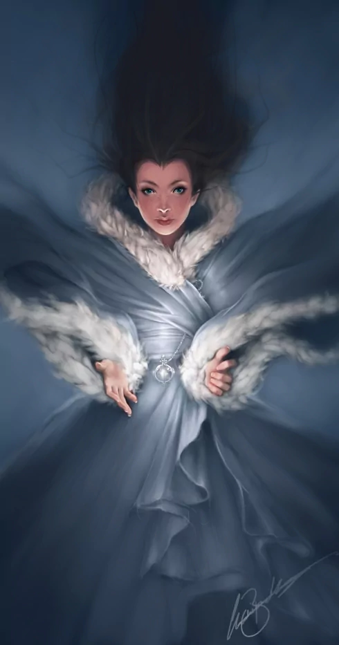 Fantasy woman floats upward in a flowing blue gown with fur trim, dark hair fanned above, hands outstretched toward a glowing pendant, bathed in soft, ethereal light.