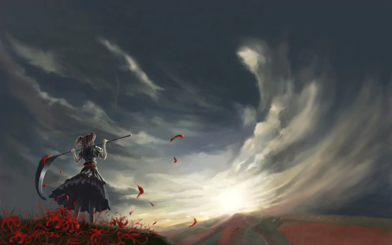 Komachi Onozuka from the anime Touhou stands in a field, playing a flute as vibrant petals swirl around her under a dramatic sky, evoking a sense of tranquility and mystery.