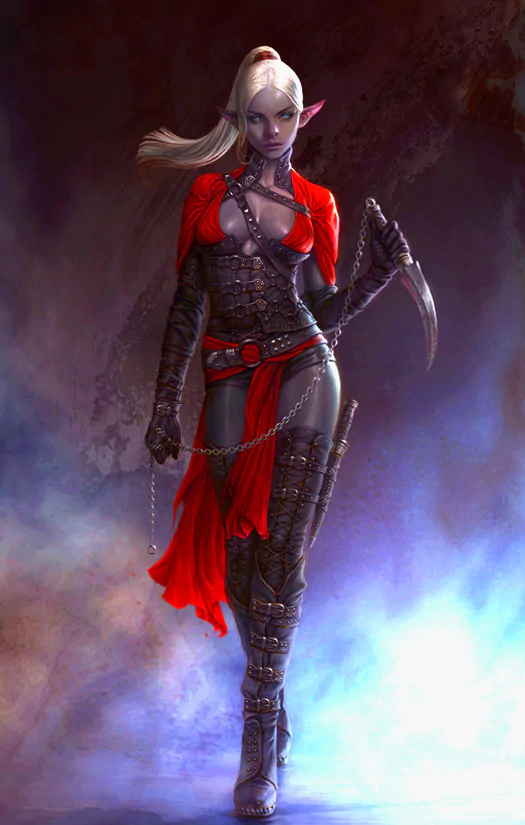 A fierce female warrior in a fantasy setting, clad in dark armor with a striking red cape, confidently wields a weapon, embodying strength and resilience.