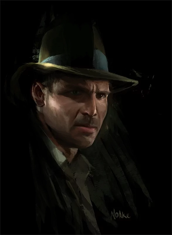 A close-up of a man with a serious expression, wearing a hat and adventurer attire, set against a dark background, exuding an aura of mystery and determination.
