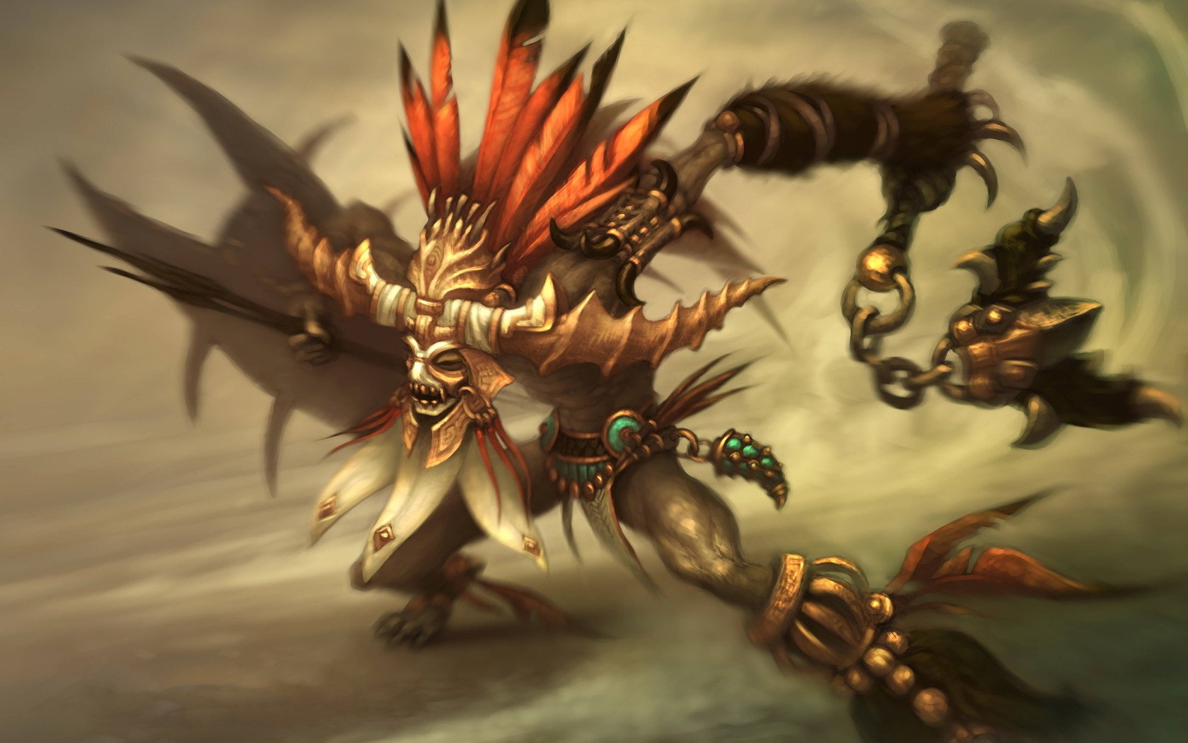 Diablo III Witch Doctor in a feathered headdress swinging a chained voodoo-mask weapon amid a dusty, swirling battlefield.