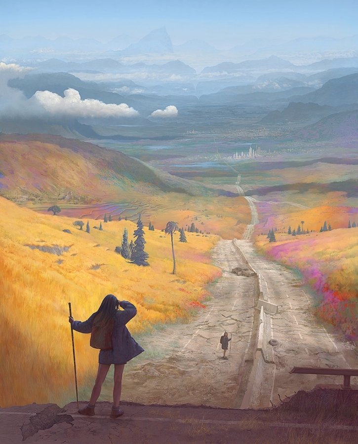 A woman adventurer stands on a ridge with a walking staff, surveying a long road winding through golden and flowered fields toward distant misty mountains.
