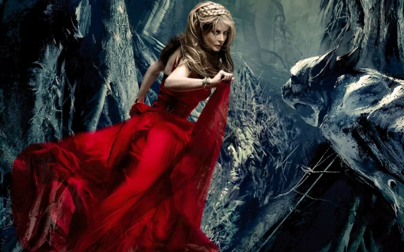 A dramatic scene featuring Sarah Brightman in a flowing red dress, evoking a mystical atmosphere near the Eiffel Tower, enhanced by a musical theme.