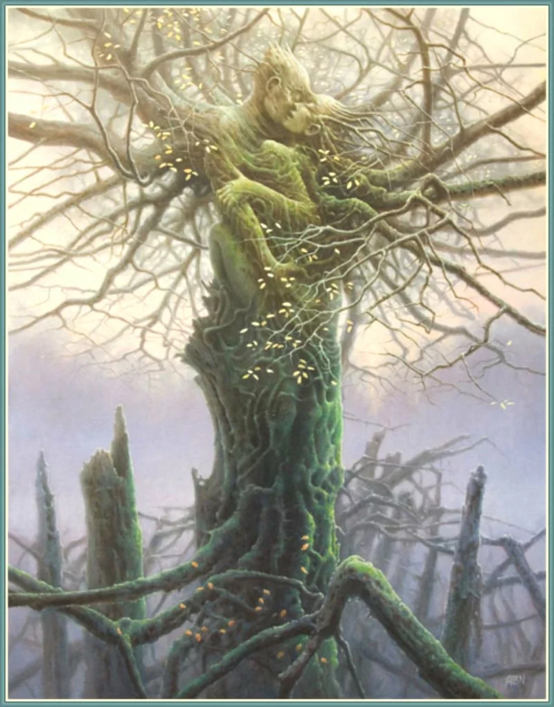 A fantastical creature entwined in a dark, twisted tree, embodying love and nature, amidst a surreal landscape. Artwork by Tomasz Alen Kopera.