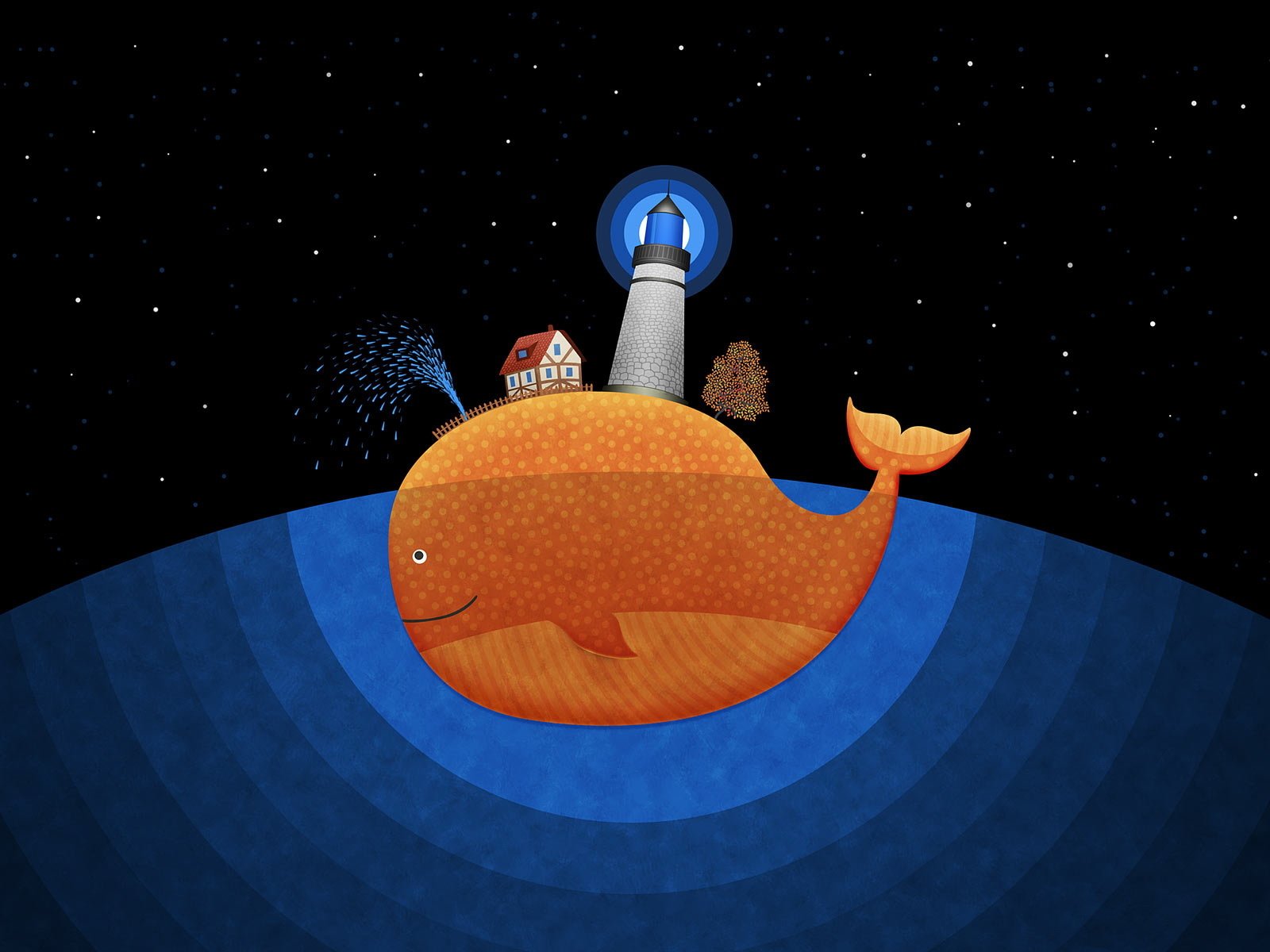An orange whale floats in a dark, starry ocean with a small house and lighthouse on its back, blending animal and nautical imagery.