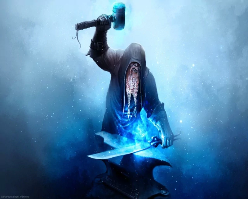 A hooded fantasy blacksmith wields a glowing hammer, forging a massive sword emitting blue magical flames in a misty, ethereal atmosphere.