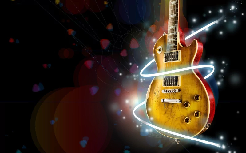 A vibrant electric guitar glows against a dark background, surrounded by colorful lights and swirling effects, capturing the essence of music and creativity.