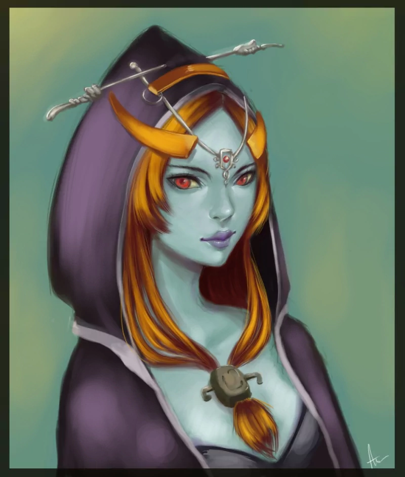 Midna from the video game The Legend of Zelda: Twilight Princess: portrait with blue-green skin, orange hair, jeweled headpiece and hooded cloak.