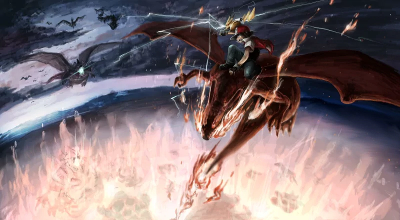 Red from Pokémon rides Charizard in a dramatic anime scene, soaring over a fiery landscape with swirling flames and other Pokémon in the background.