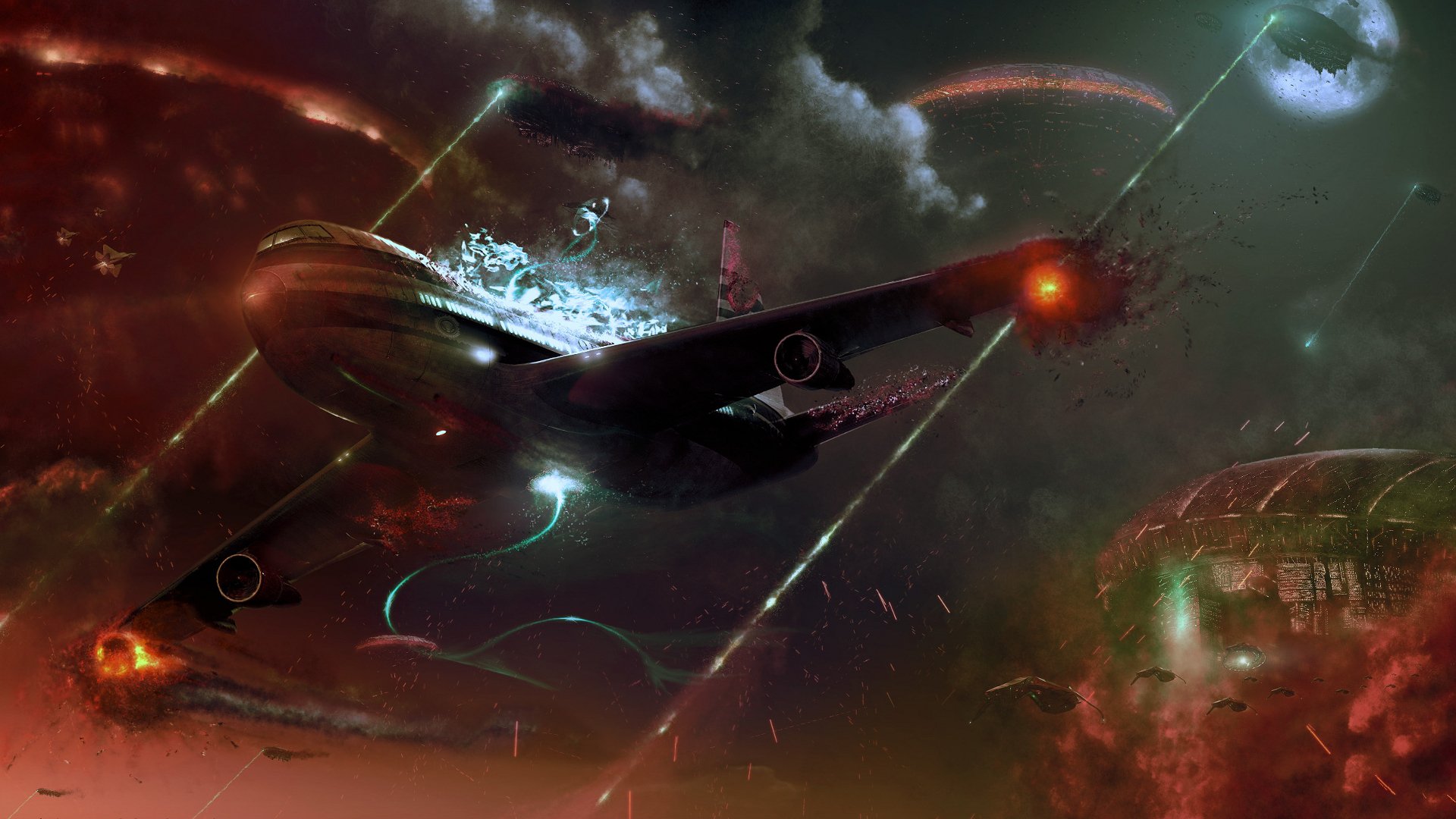 Apocalyptic sci-fi scene: battered futuristic aircraft streaks through a blood-red, ash-filled sky as fiery projectiles rain toward a ruined city beneath a pale moon.