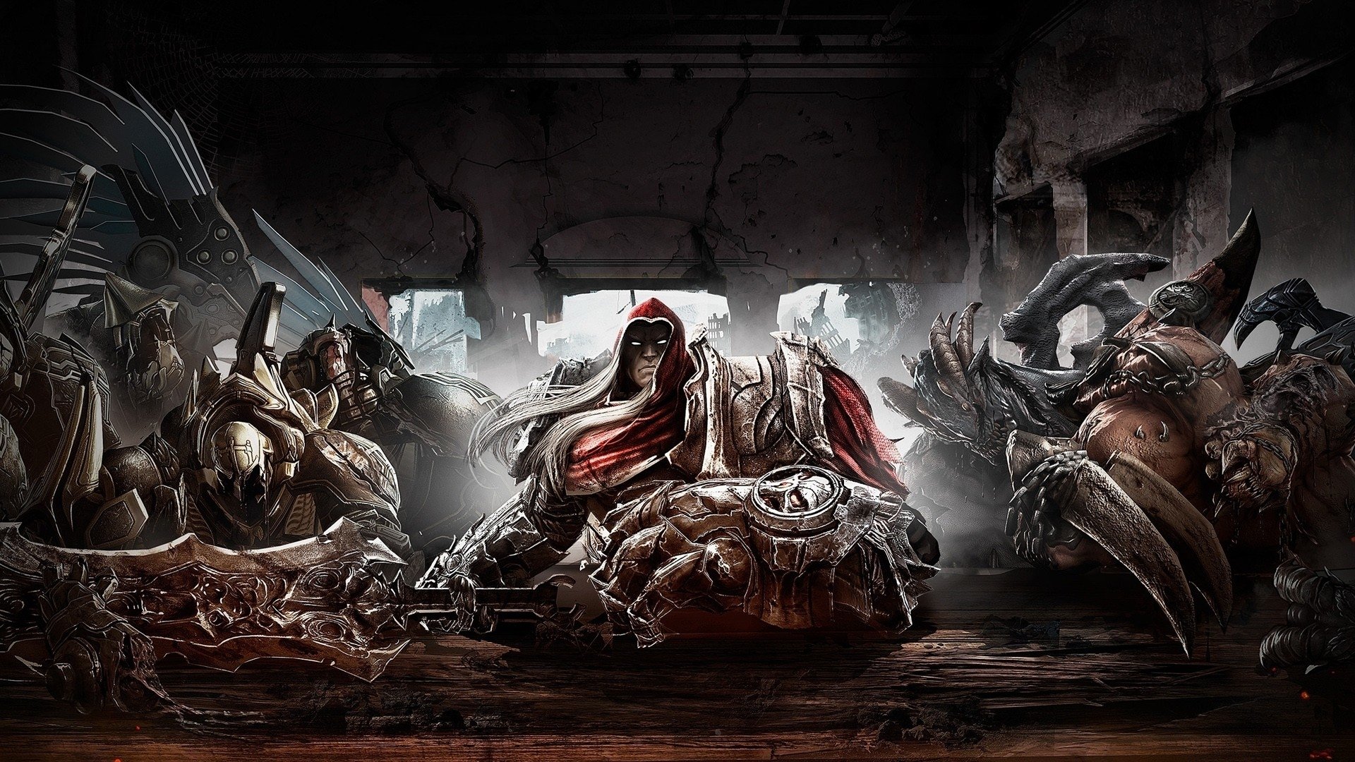 Darksiders video game art: a hooded, armored Horseman sits at a cracked stone table flanked by monstrous warriors in a ruined hall.