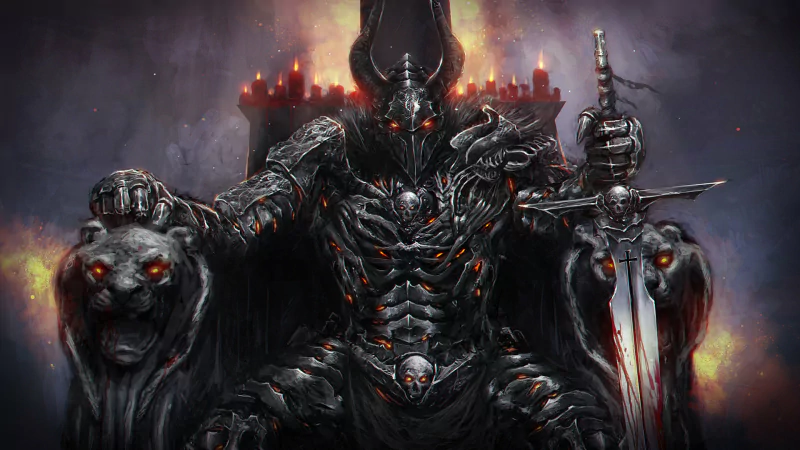A dark fantasy knight clad in black armor with glowing red eyes sits on a throne, gripping a sword and flanked by a fierce lion statue.