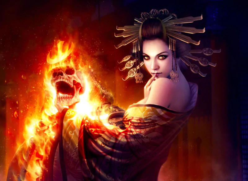 A fiery, supernatural samurai woman with ornate hairpieces and intense gaze, set in a dark fantasy scene inspired by Legend of the Five Rings.