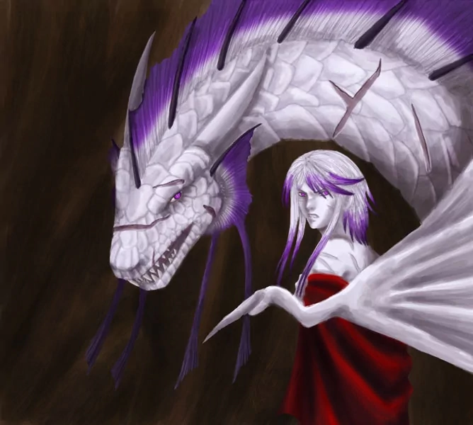 Fantasy scene: a white dragon with purple accents coils around a pale, purple‑haired humanoid in a red cloak, translucent wing extended against a dark background.