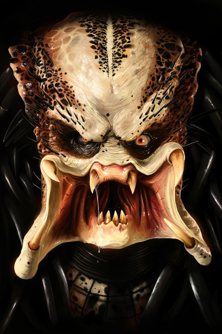 Close-up of the iconic Predator alien from the movie, featuring its distinctive mandibles, textured skin, and menacing expression against a dark background.