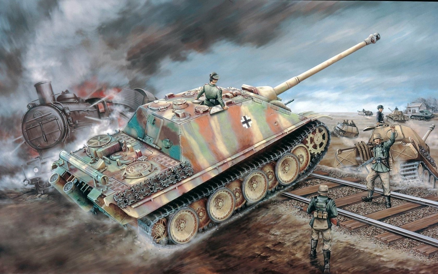 A Jagdpanther tank is depicted in a war scene, with soldiers maneuvering around it amidst smoke and destruction, highlighting its role in military operations.