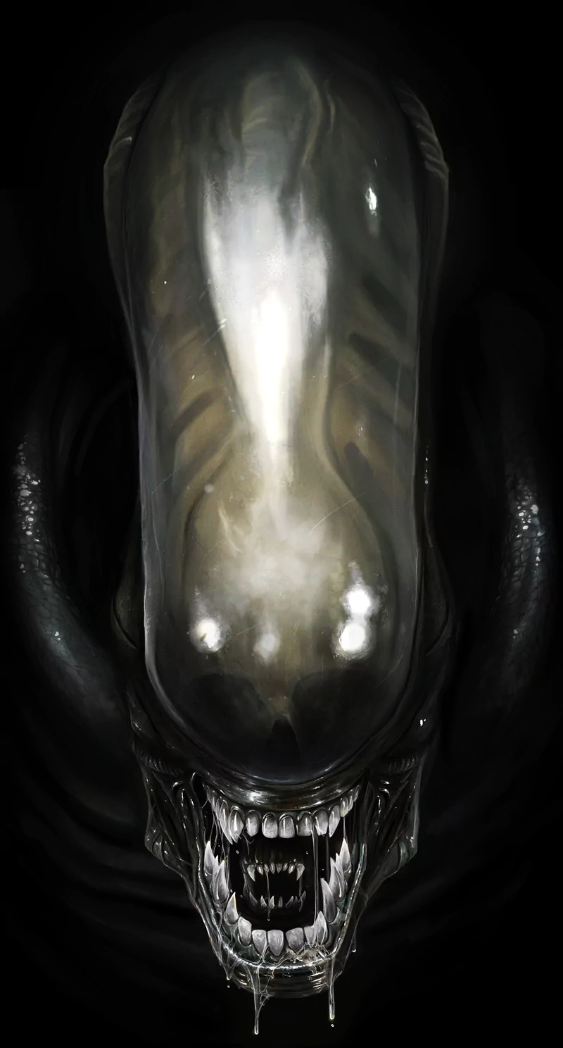 Close-up of a movie alien with a glossy, elongated skull and dripping, razor-sharp teeth, dark biomechanical textures framing a menacing, tooth-filled maw.