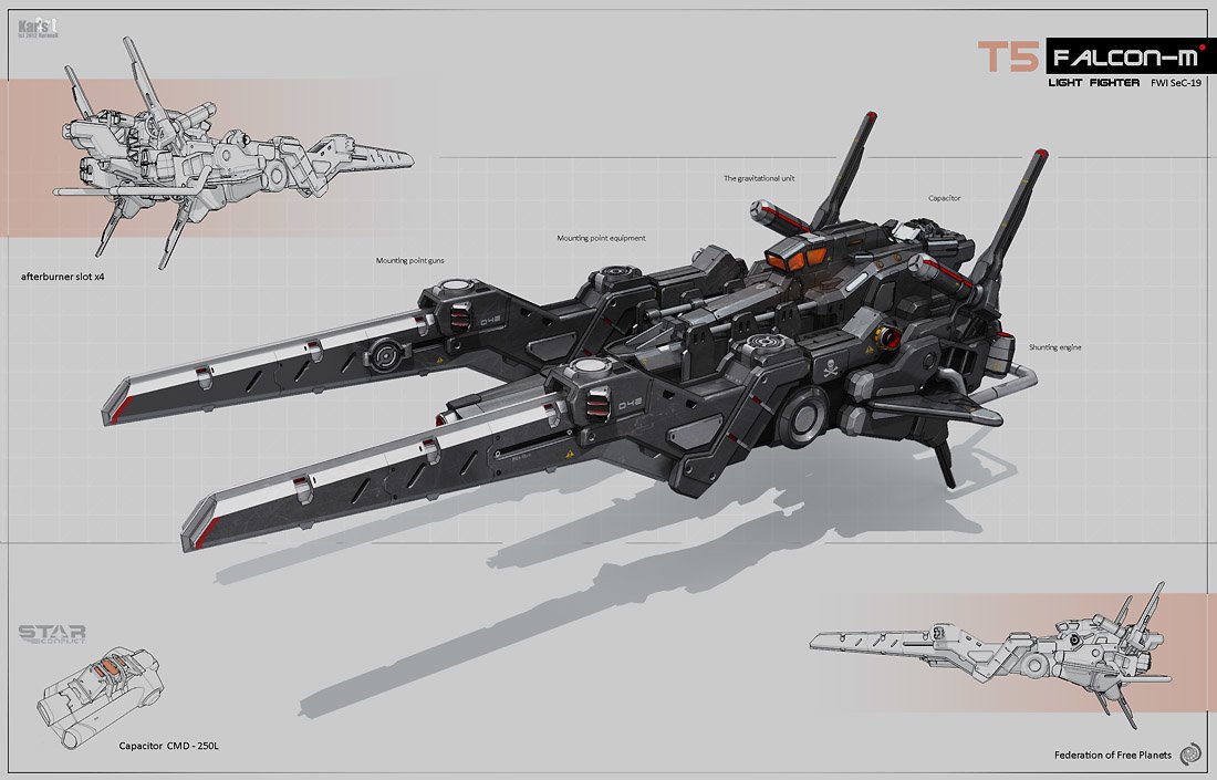Futuristic sci-fi spaceship design concept art: dark twin-pronged combat transport with detailed mechanical panels, cockpit canopy, landing struts and blueprint-style views.