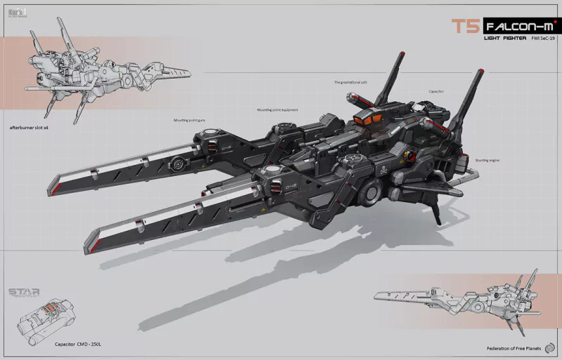 Futuristic sci-fi spaceship design concept art: dark twin-pronged combat transport with detailed mechanical panels, cockpit canopy, landing struts and blueprint-style views.