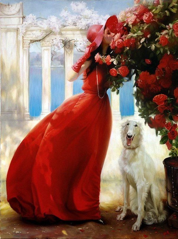 A woman in a red dress and hat leans toward a blooming rose bush, with a white dog sitting beside her, surrounded by a picturesque garden setting.