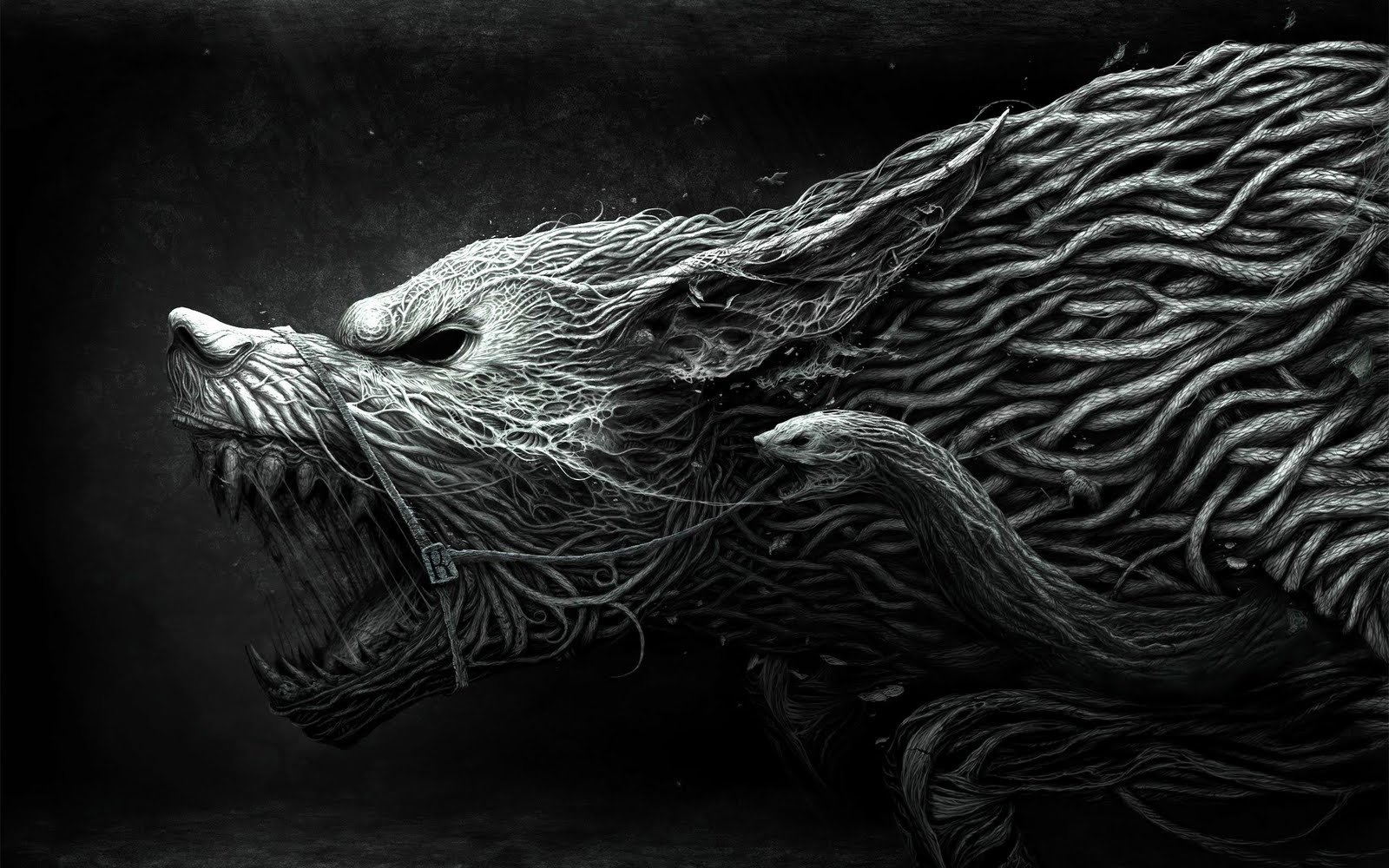 A dark, intricately detailed werewolf with twisted, root-like textures forming its fierce, snarling wolf head.