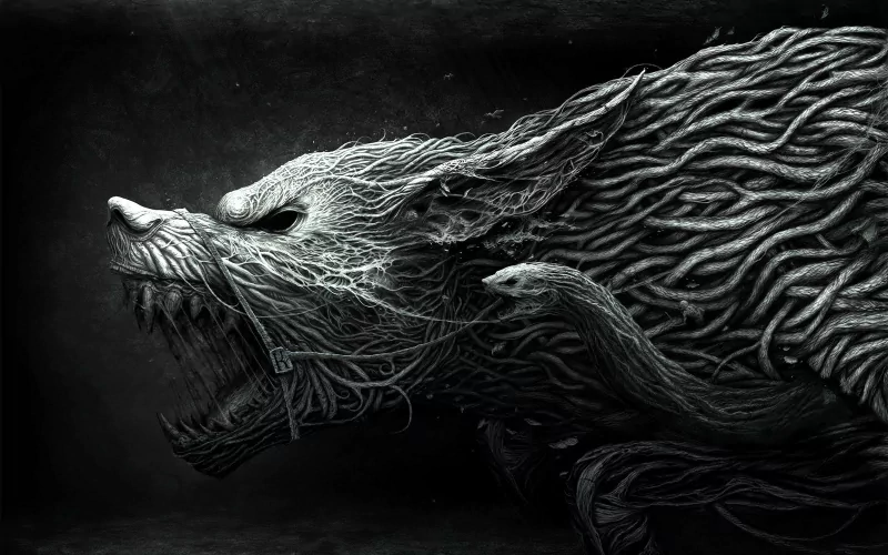 A dark, intricately detailed werewolf with twisted, root-like textures forming its fierce, snarling wolf head.