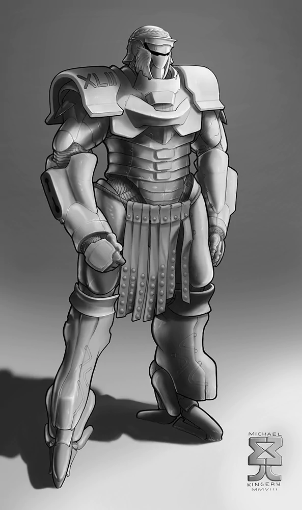 Sci-fi warrior in heavy futuristic armor with visor helmet, segmented torso plates and armored skirt, standing tall in dramatic lighting.