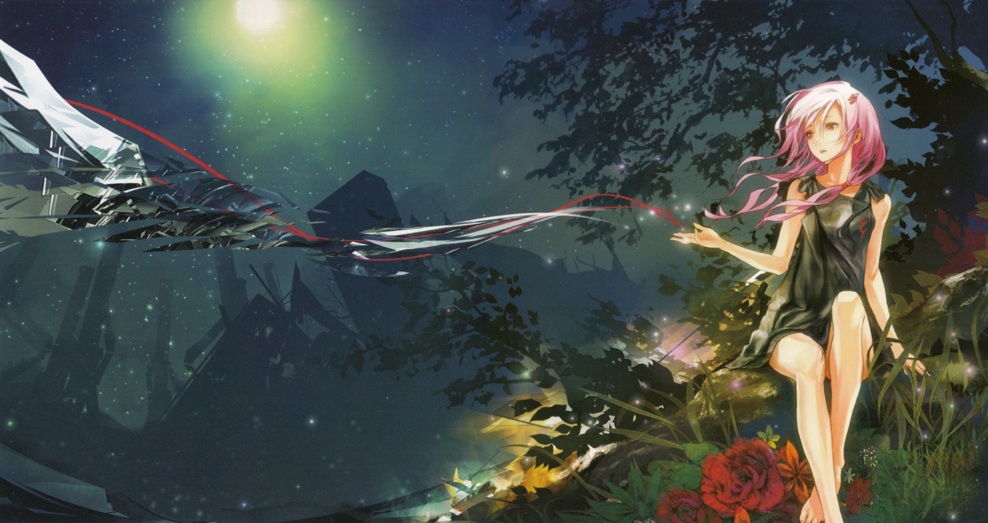 A serene scene from the anime Guilty Crown, featuring a girl with pink hair sitting among flowers, illuminated by a glowing light in a dark, mystical landscape.