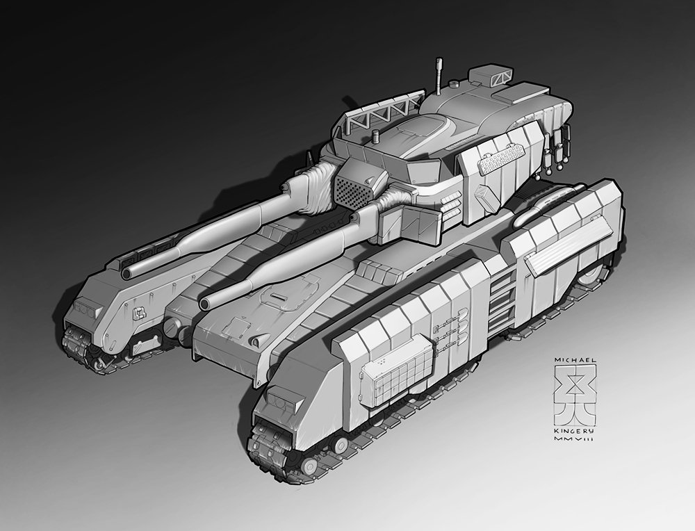 Grayscale concept of a futuristic military tank with twin barrels, heavy armor plating and broad treads.