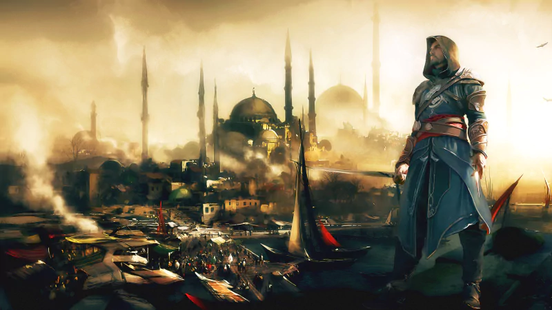 A lone assassin stands on a rooftop, overlooking a bustling cityscape inspired by the game Assassin's Creed: Revelations, with minarets and ships dotting the skyline.