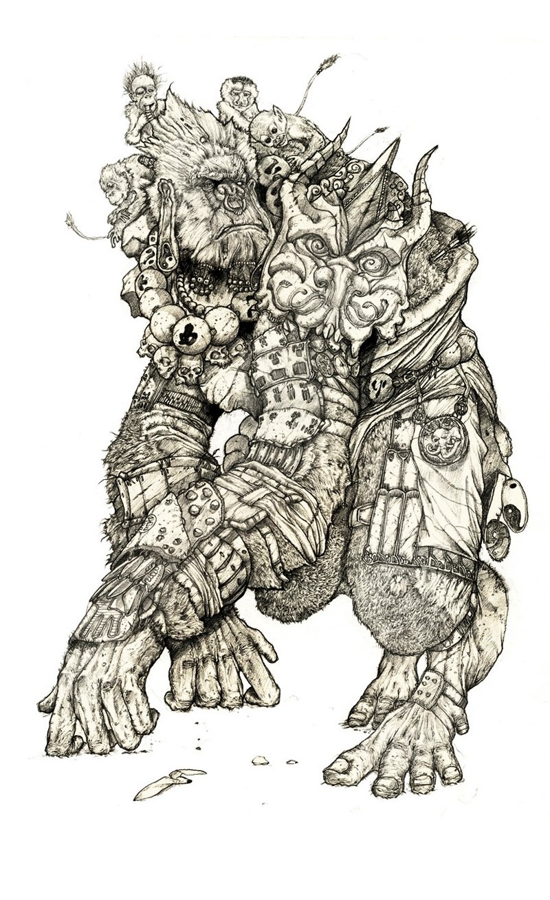 Intricately detailed dark monster with muscular limbs, adorned with skulls, spikes, and grotesque faces, evoking a fearsome and eerie presence.