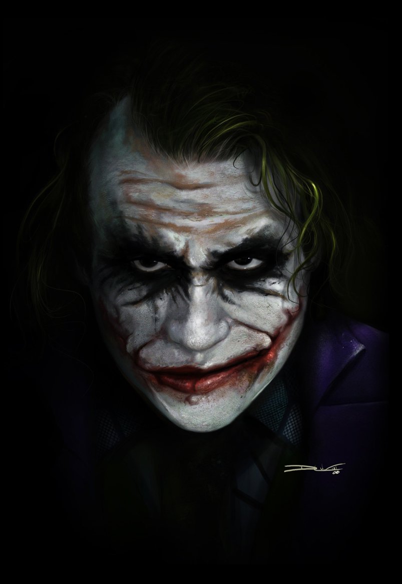 A close-up illustration of the Joker from the Batman movie, featuring his iconic white makeup, dark eyes, and sinister grin, set against a dark background.