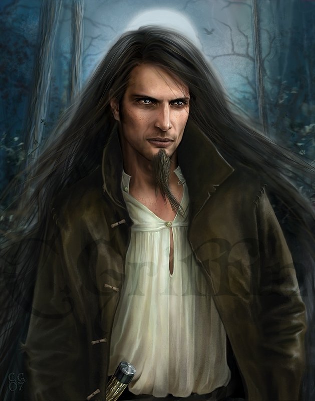 A man with long hair, dressed as a warrior, stands confidently in a dark forest, illuminated by a pale moon, showcasing his strong presence and determination.